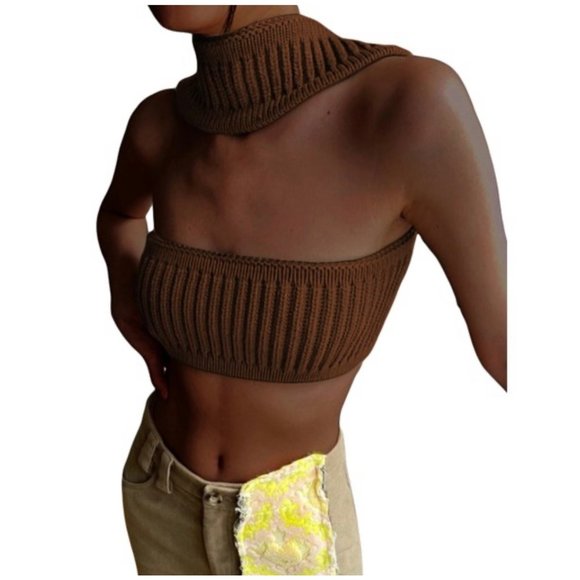 Womens|Knit Halter Crop Top|Brown|Large L|Medium M|Stretch|Sleeveless - Picture 1 of 9